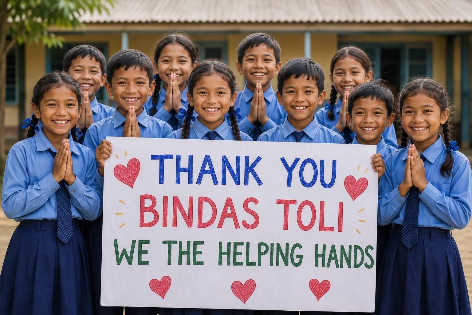 Nepali schoolchildren holding a thank you sign for Bindas Toli