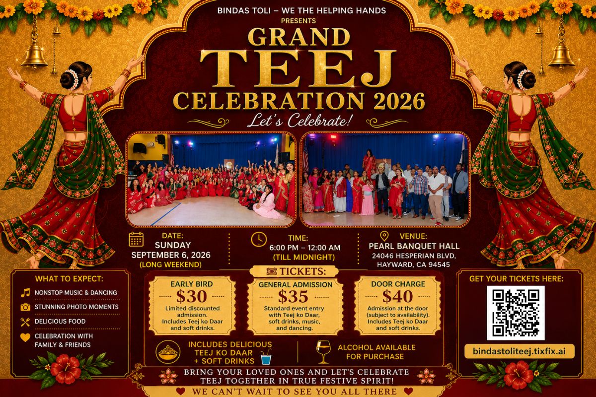 Grand Teej Celebration 2026 flyer — Sunday, September 6, 2026 (Long Weekend), Pearl Banquet Hall, Hayward, CA